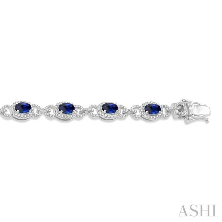 1 3/4 Ctw Round Cut Diamond & 6x4MM Oval Cut Sapphire Precious Bracelet in 14K White Gold