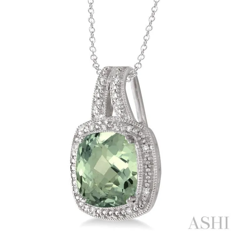 10x10 mm Cushion Cut Green Amethyst and 1/20 ctw Single Cut Diamond Pendant in Sterling Silver with Chain