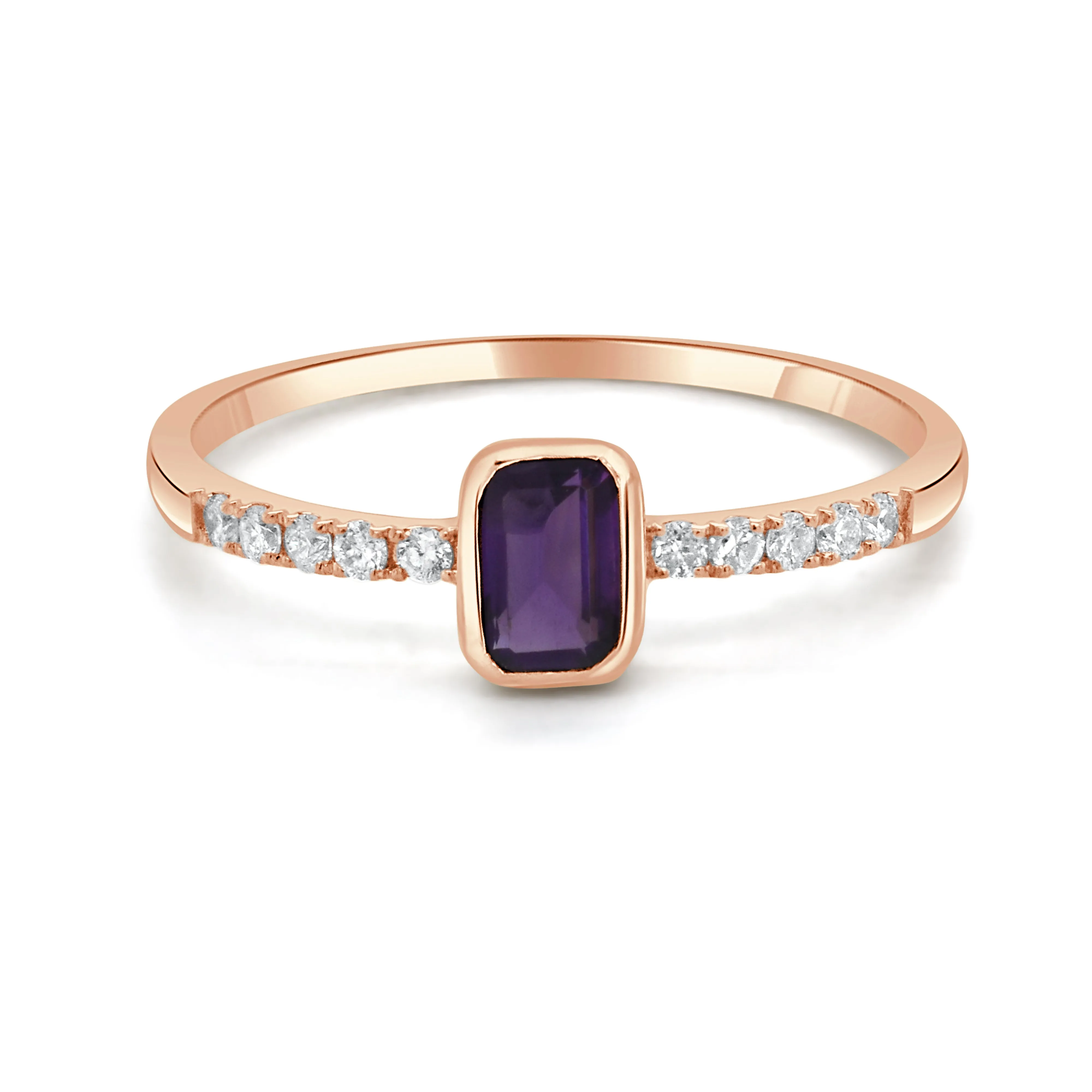 14K Gold Diamond & Amethyst Bezel Ring