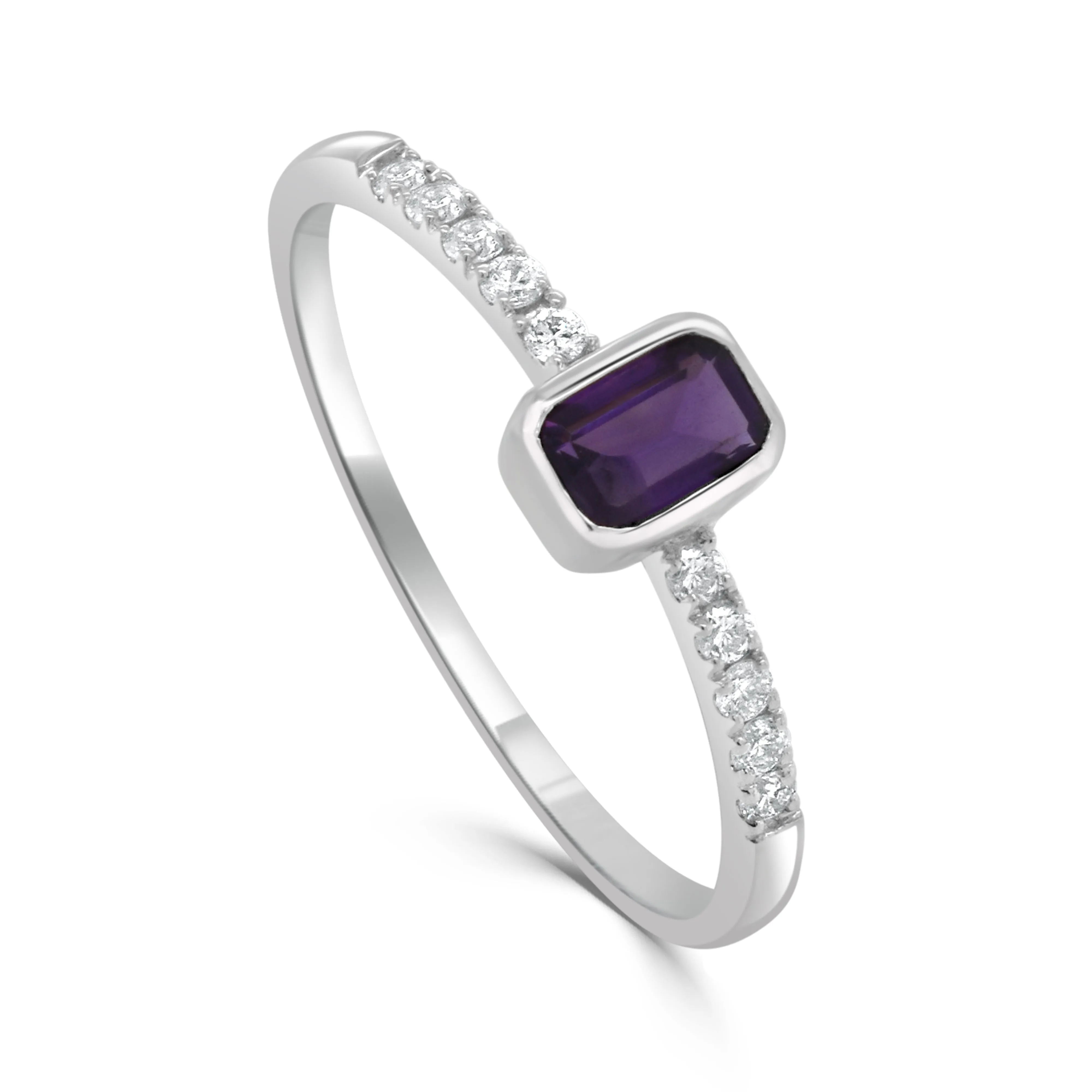 14K Gold Diamond & Amethyst Bezel Ring