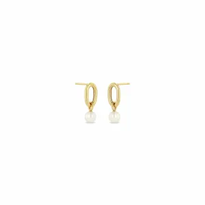 14k Single Extra-Extra Large Square Oval Link & Pearl Drop Earrings