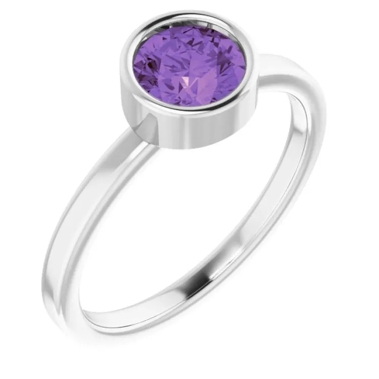 14K White 6 mm Natural Amethyst Ring