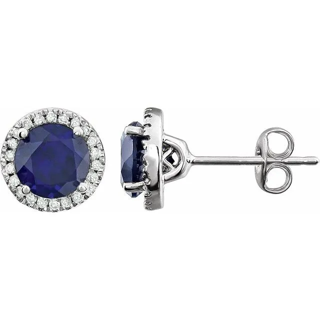 14k White Gold 6mm Round Gemstones & 1/8 CTW Diamond Halo Earrings