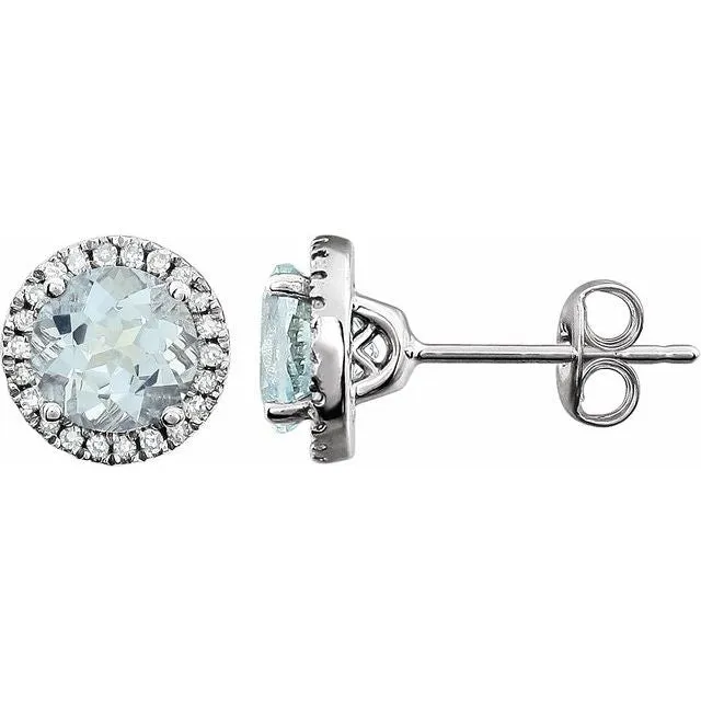 14k White Gold 6mm Round Gemstones & 1/8 CTW Diamond Halo Earrings