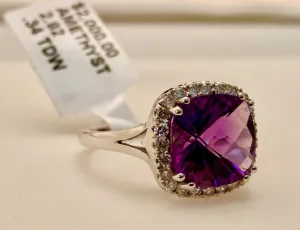 14K WHITE GOLD AMETHYST & DIAMOND RING