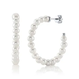 14K White Gold Cultured Pearl Hoop Earrings