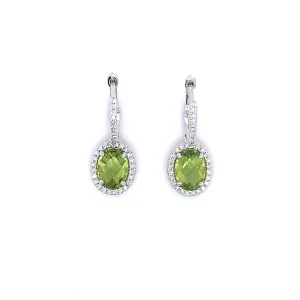 14K White Gold Oval Peridot & Diamond Halo Drop Earrings