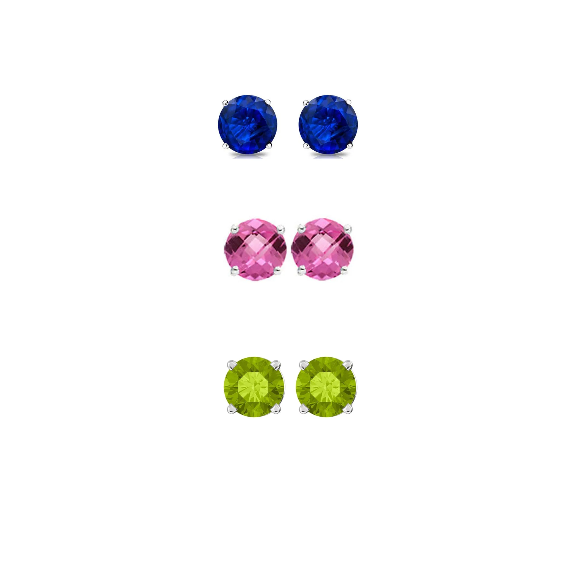 14k White Gold Plated 1/2Ct Created Blue Sapphire, Pink Sapphire and Peridot 3 Pair Round Stud Earrings