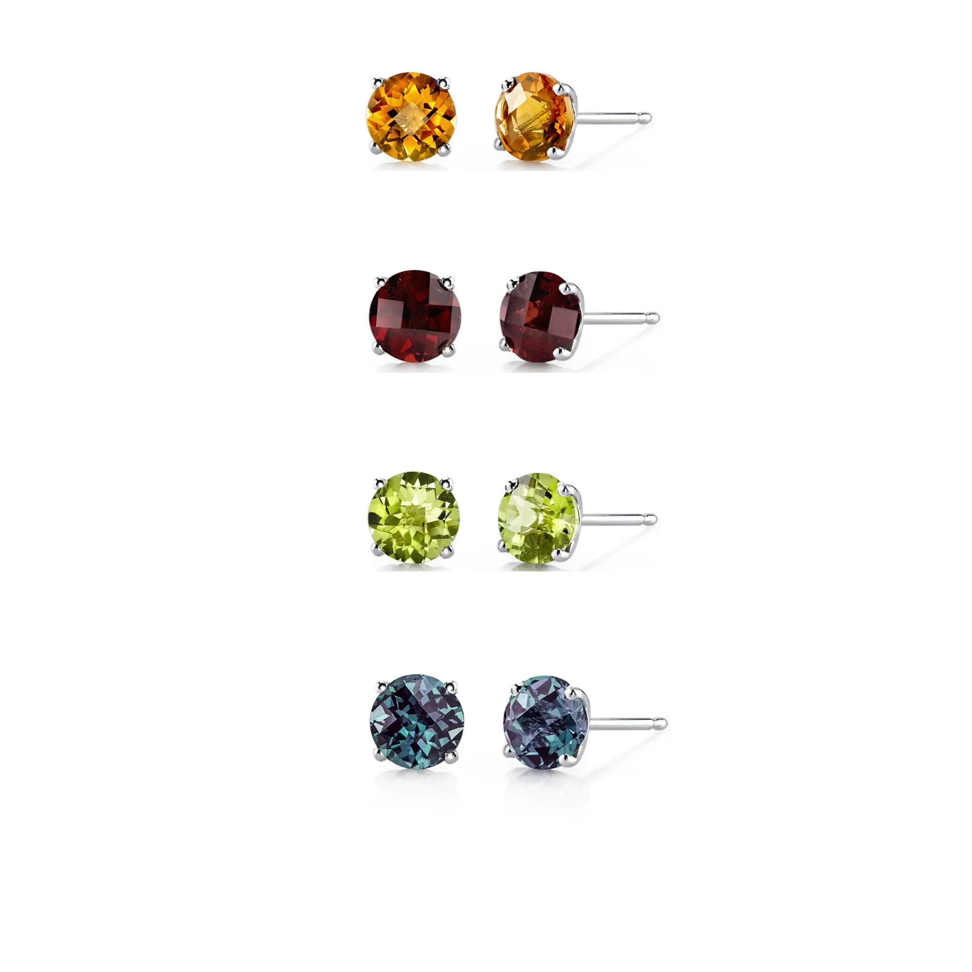 14k White Gold Plated 2Ct Created Citrine, Garnet, Peridot and Alexandrite 4 Pair Round Stud Earrings