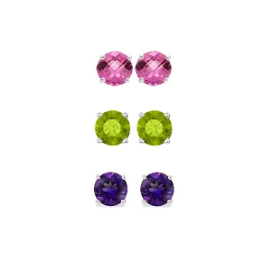 14k White Gold Plated 2Ct Created Pink Sapphire, Peridot and Amethyst 3 Pair Round Stud Earrings