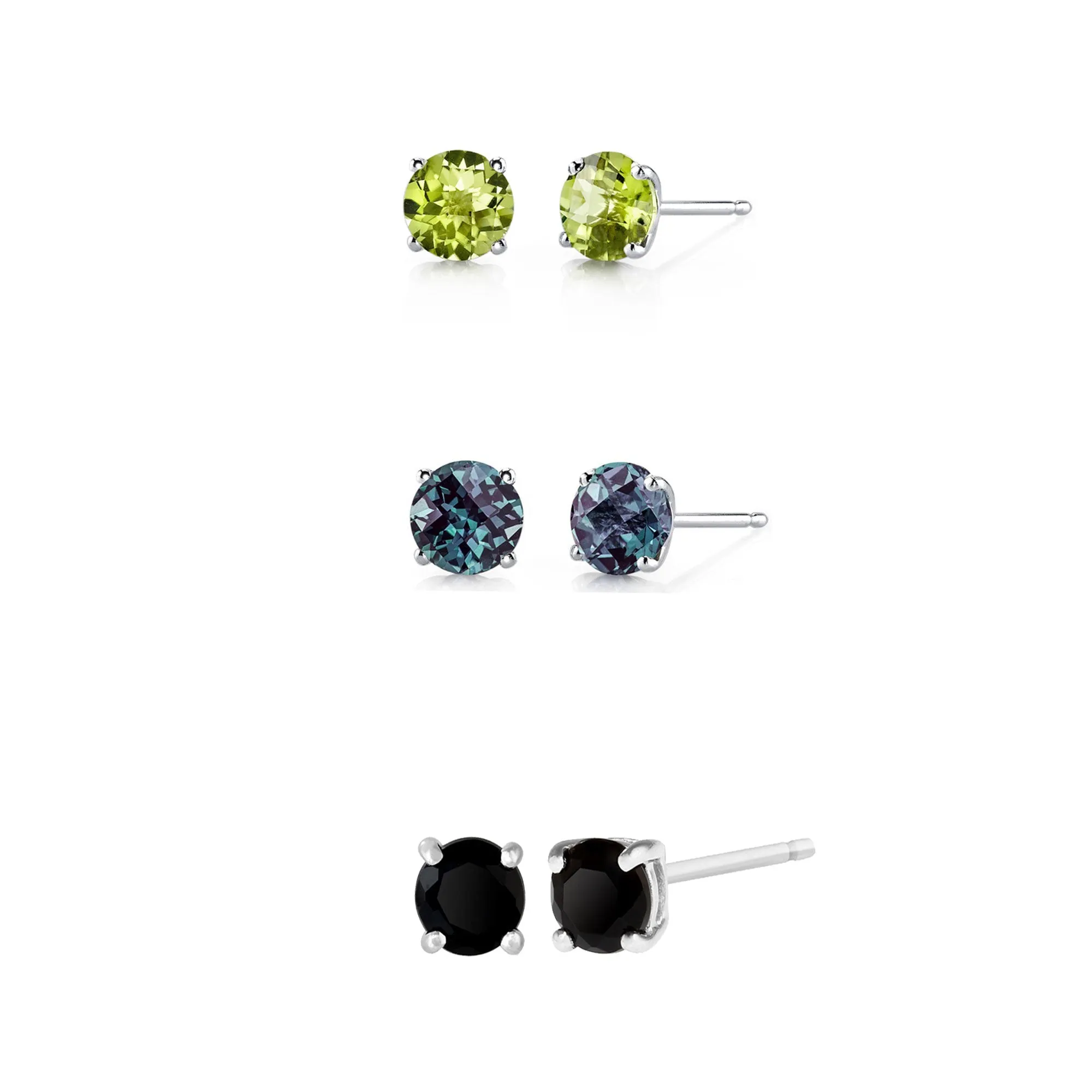 14k White Gold Plated 3Ct Created Peridot, Alexandrite and Black Sapphire 3 Pair Round Stud Earrings