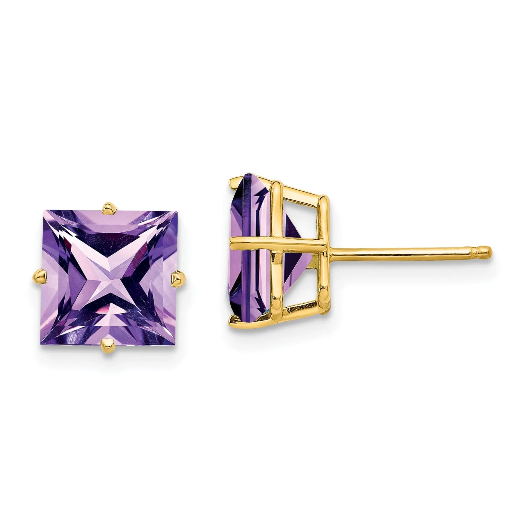 14k Yellow Gold 8MM Princess Cut Amethyst Earring