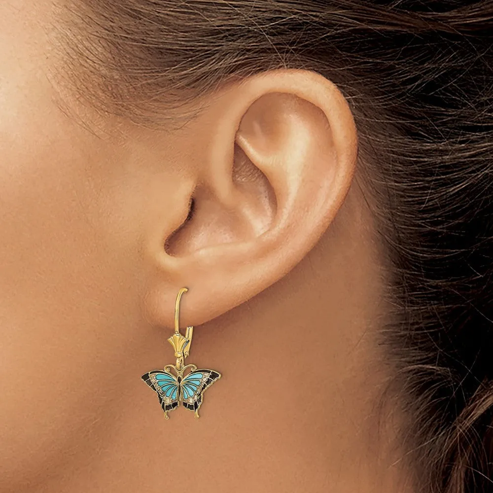 14K Yellow Gold Aquamarine Enameled Wings Butterfly Leverback Earrings