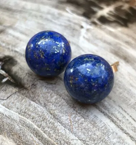 14k Yellow Gold Blue Lapiz Lazuli Round 10mm Stud Post Earrings