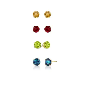 14k Yellow Gold Plated 1/2Ct Created Citrine, Garnet, Peridot and Alexandrite 4 Pair Round Stud Earrings