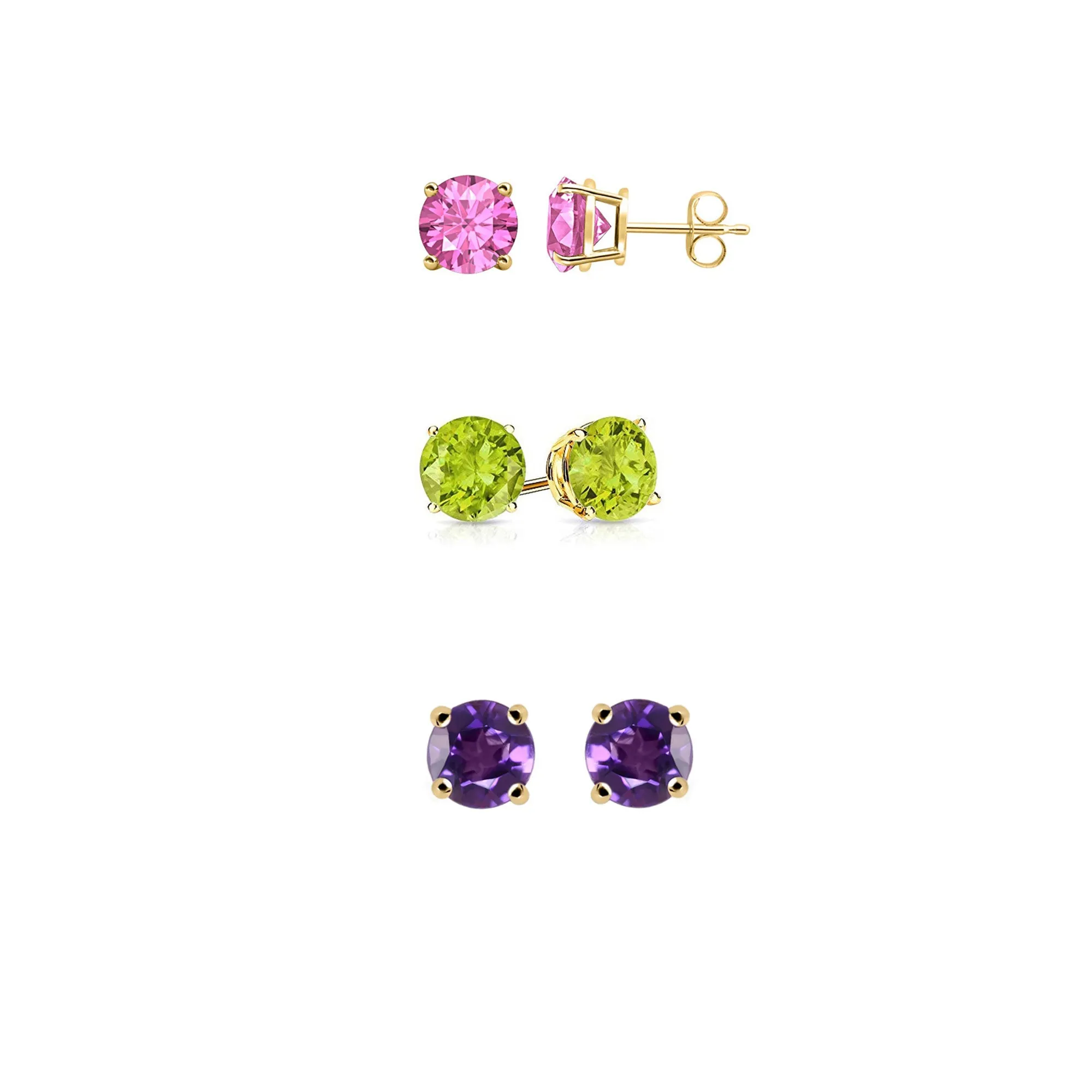 14k Yellow Gold Plated 2Ct Created Pink Sapphire, Peridot and Amethyst 3 Pair Round Stud Earrings