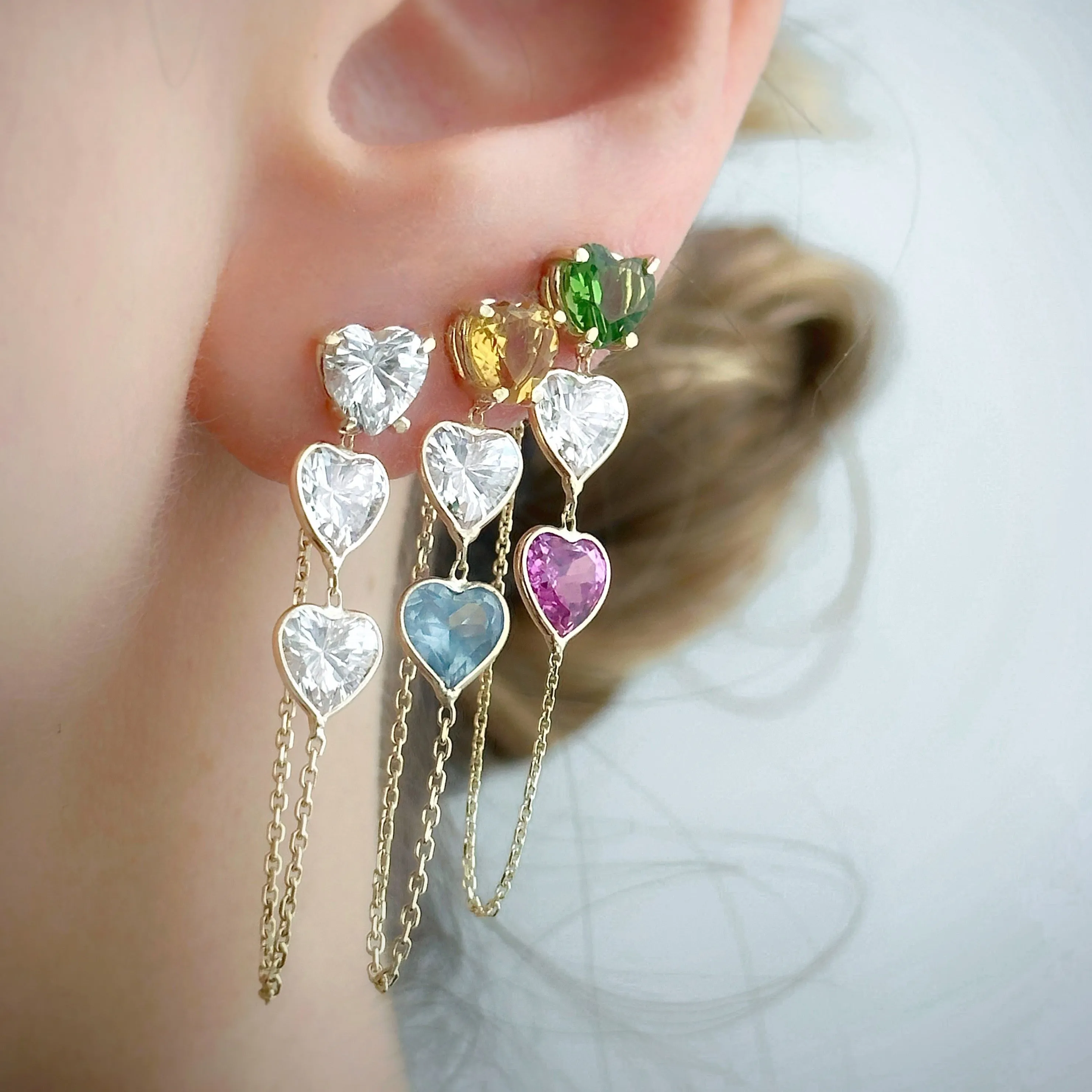 14K Yellow Gold Triple Heart-Shaped Peridot, White And Pink Gemstones Chain Studs Earrings