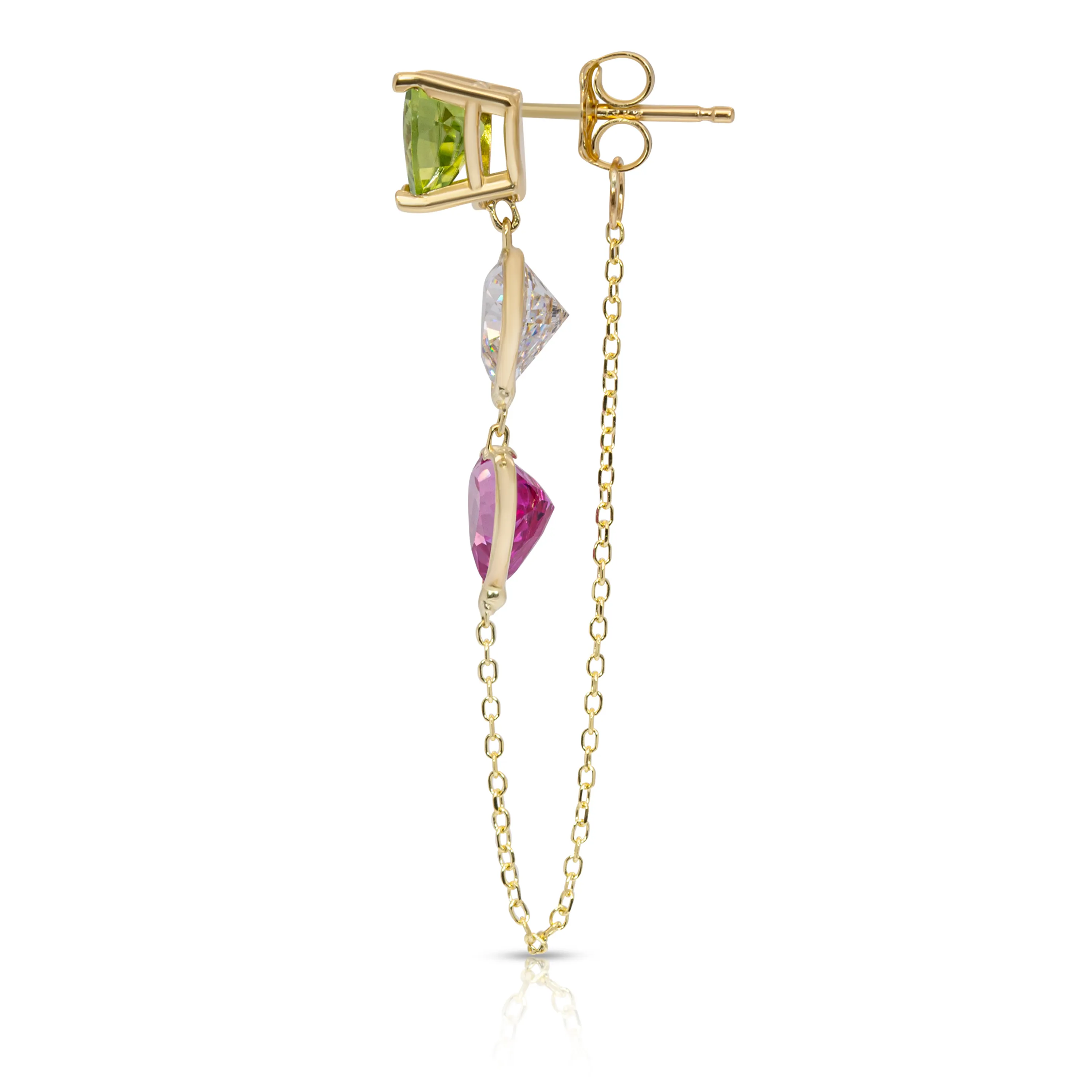 14K Yellow Gold Triple Heart-Shaped Peridot, White And Pink Gemstones Chain Studs Earrings