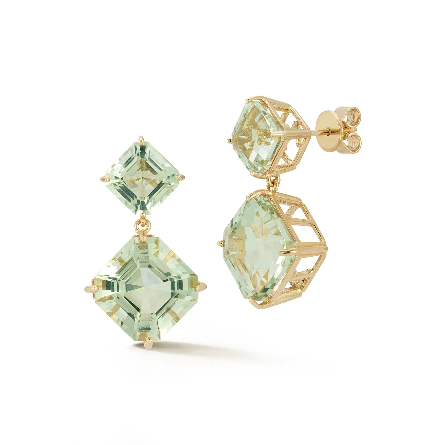 14kt Green Amethyst Asscher Cut Drop Earrings