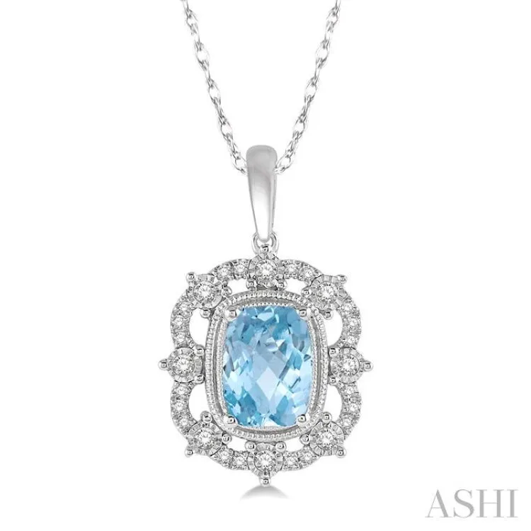 1/5 ctw Cushion Cut 8x6mm Aquamarine & Round Cut Diamond Semi Precious Pendant With Chain in 10K White Gold