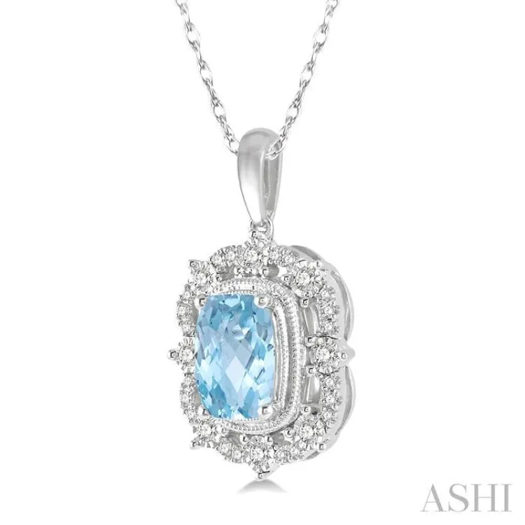 1/5 ctw Cushion Cut 8x6mm Aquamarine & Round Cut Diamond Semi Precious Pendant With Chain in 10K White Gold