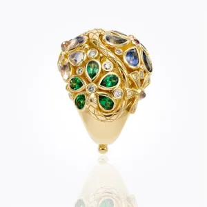 18K Flower Serpent Ring with royal blue moonstone, blue sapphire, tsavorite, pink tourmaline and diamond