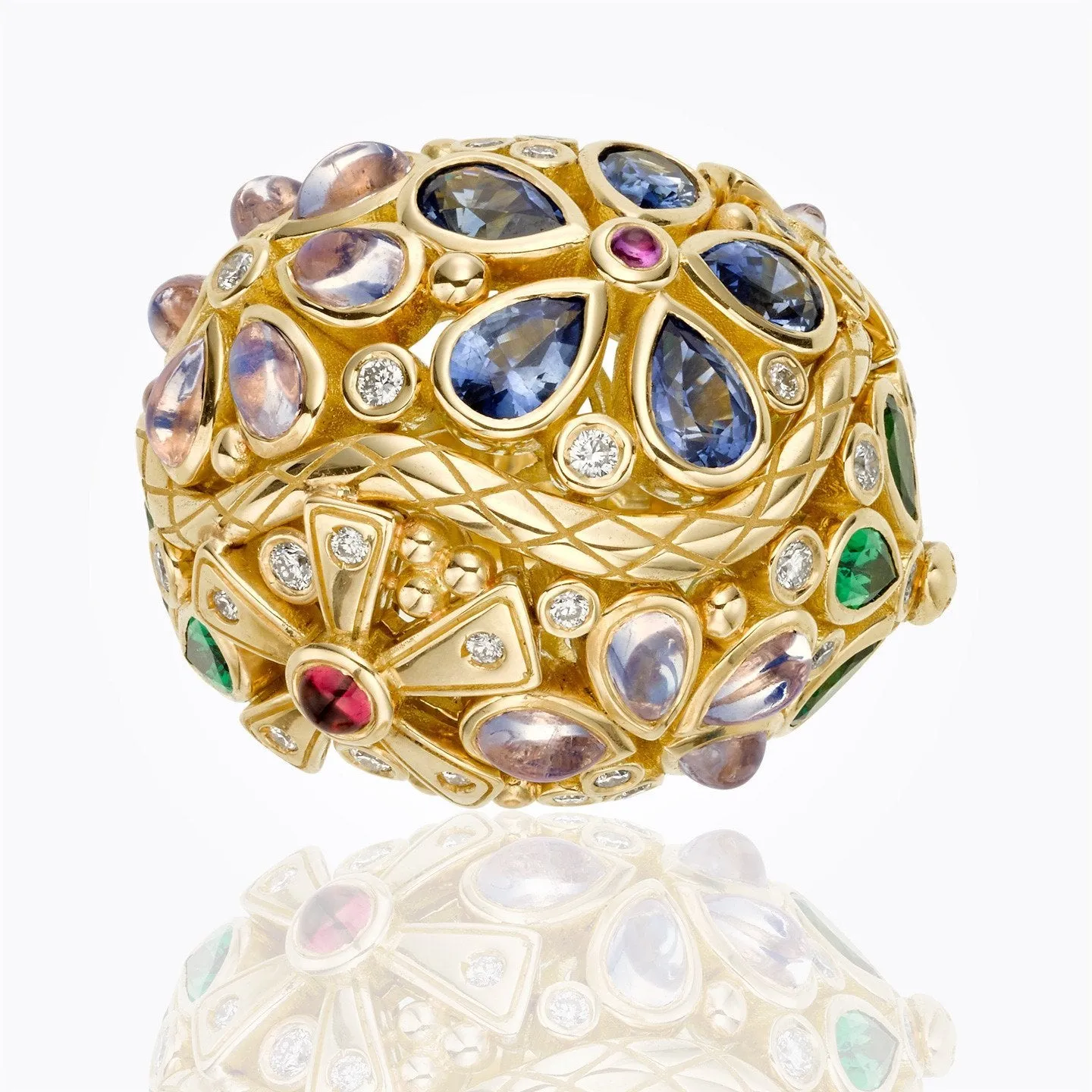 18K Flower Serpent Ring with royal blue moonstone, blue sapphire, tsavorite, pink tourmaline and diamond