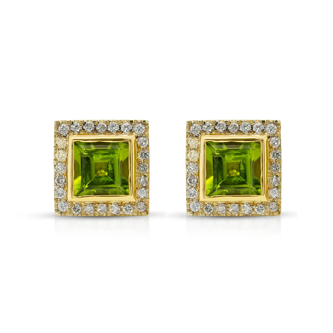 18K Gold, Peridot and Diamond Pave Square SW Earrings