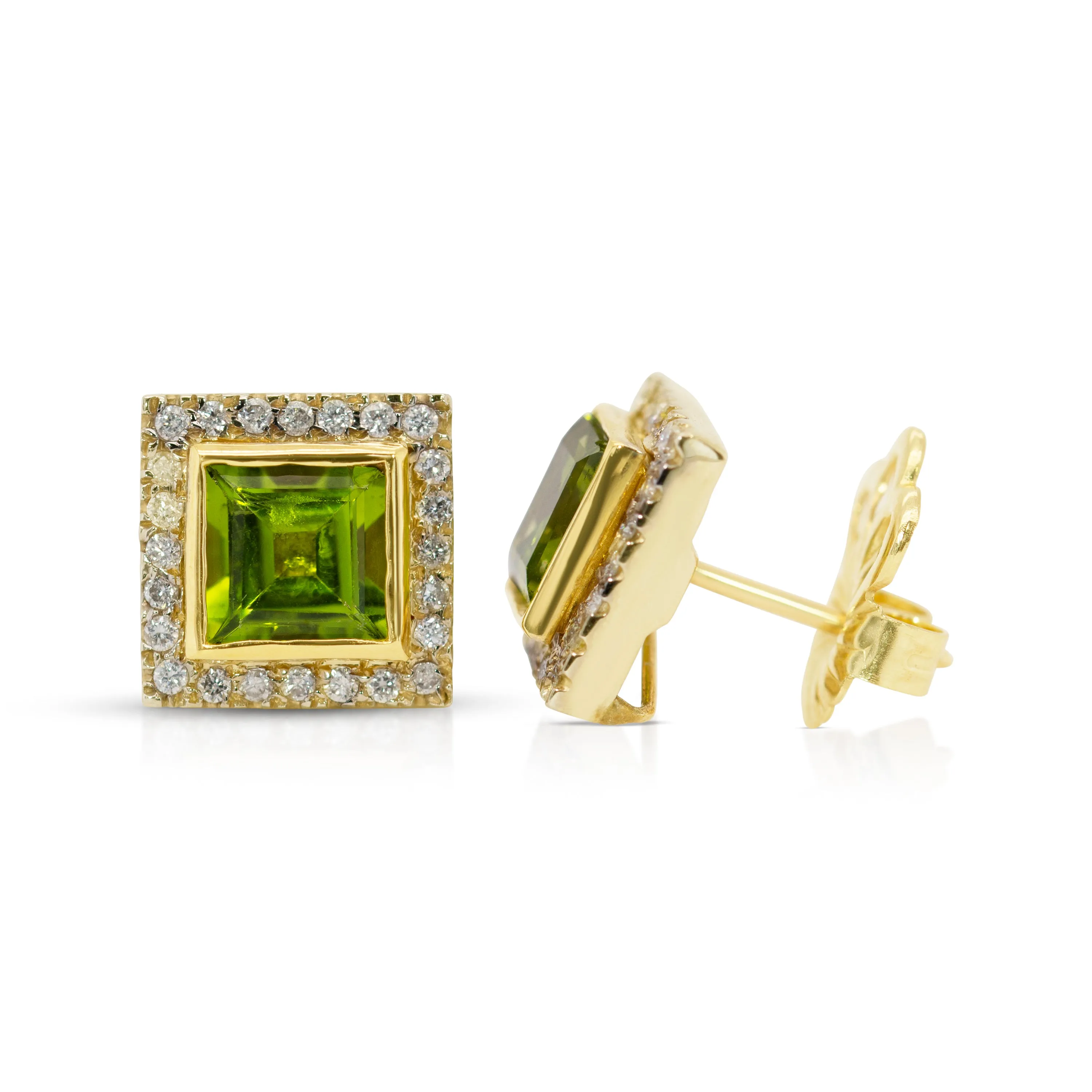 18K Gold, Peridot and Diamond Pave Square SW Earrings