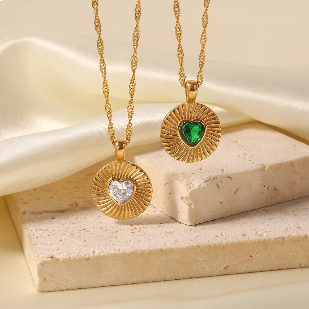 18K Gold Plated Heart Shaped White Green Zircon Coin Wind Pendant Necklace