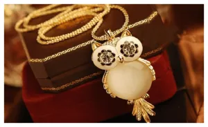 18K Gold Plated Long Chain Crystal Owl Necklace Gem Cubic Zircon Pendant Necklace