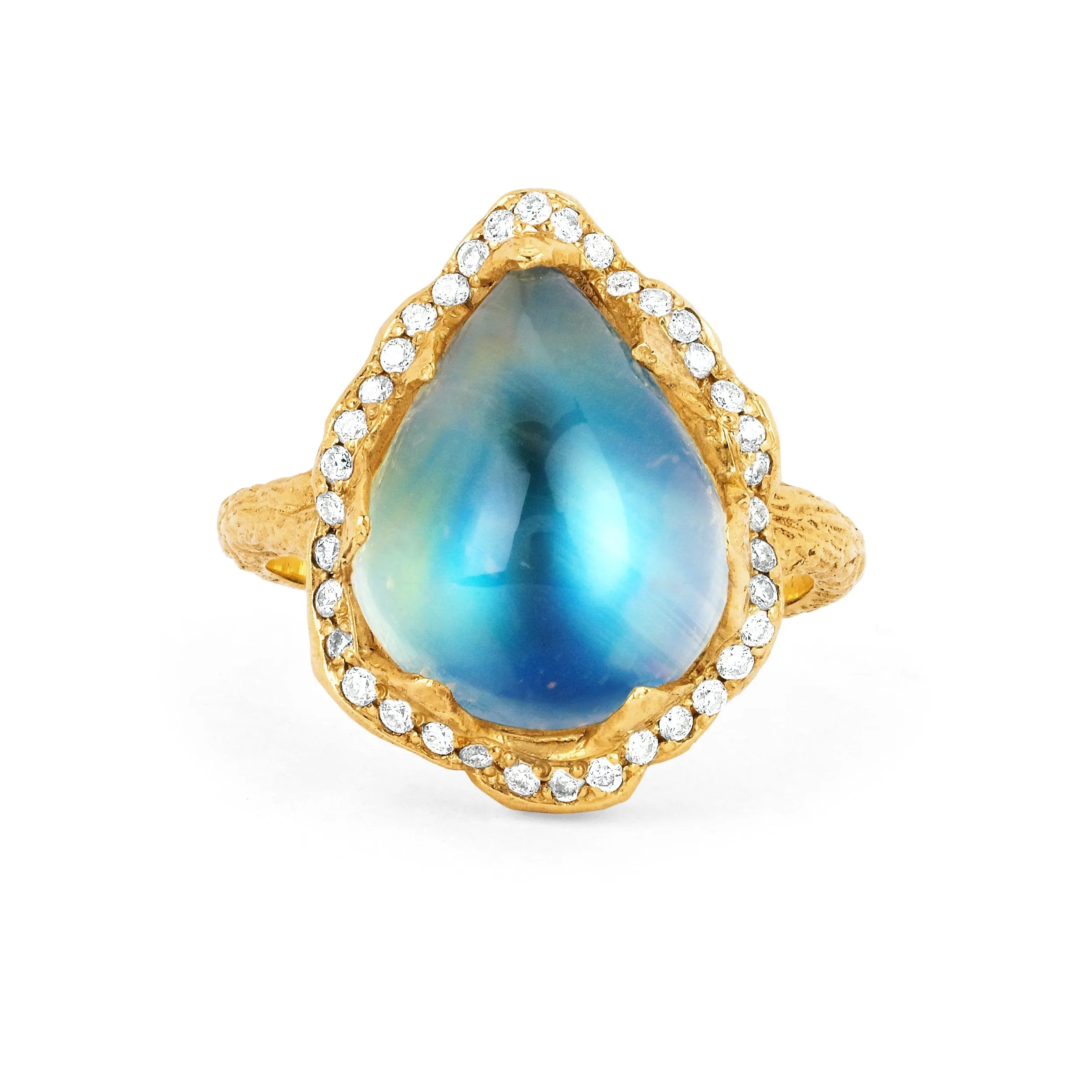 18k Queen Water Drop Blue Sheen Moonstone Ring with Full Pavé Halo