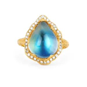 18k Queen Water Drop Blue Sheen Moonstone Ring with Full Pavé Halo