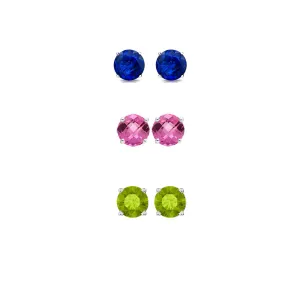 18k White Gold Plated 1Ct Created Blue Sapphire, Pink Sapphire and Peridot 3 Pair Round Stud Earrings