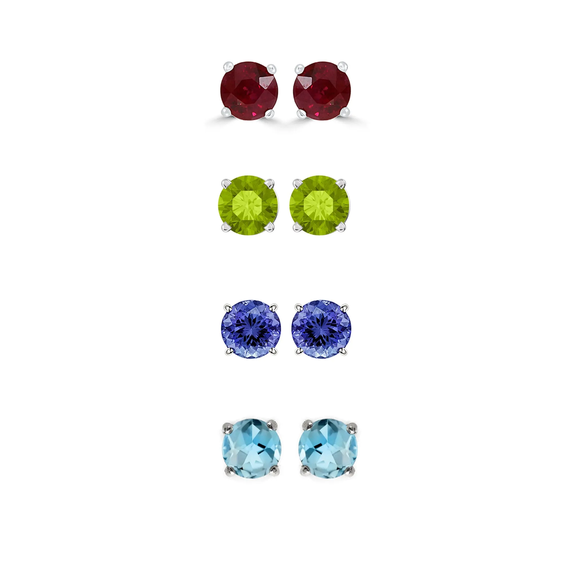 18k White Gold Plated 4Ct Created Ruby, Peridot, Tanzanite and Blue Topaz 4 Pair Round Stud Earrings