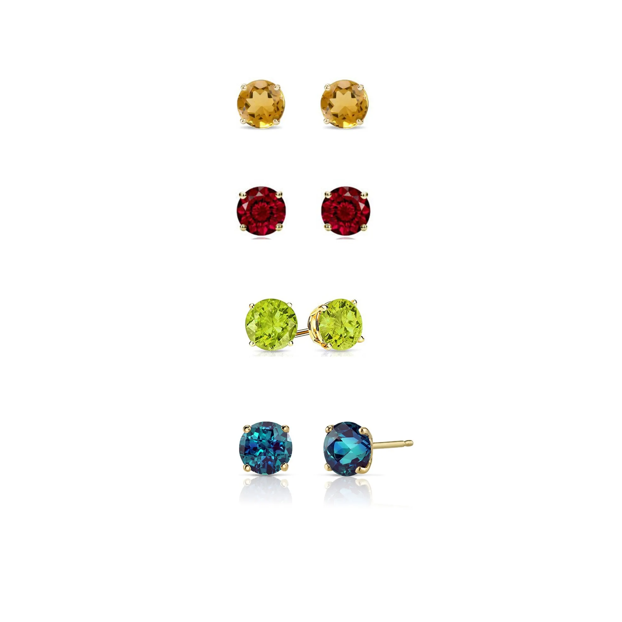 18k Yellow Gold Plated 3Ct Created Citrine, Garnet, Peridot and Alexandrite 4 Pair Round Stud Earrings