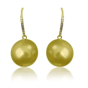 18kt Yellow Gold 14mm Pearls and diamond dangling earrings