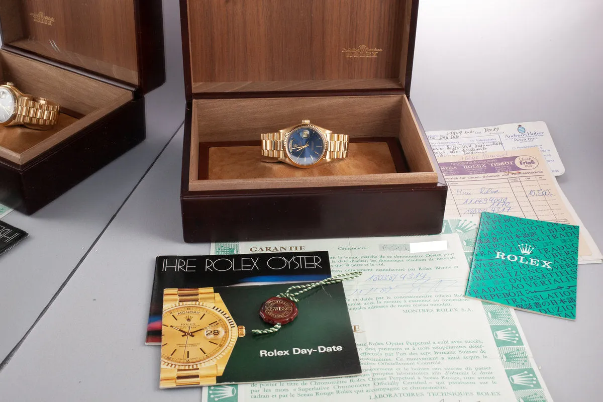 1979 Rolex 18K YG Day-Date 18038 Blue Dial with Box and Papers