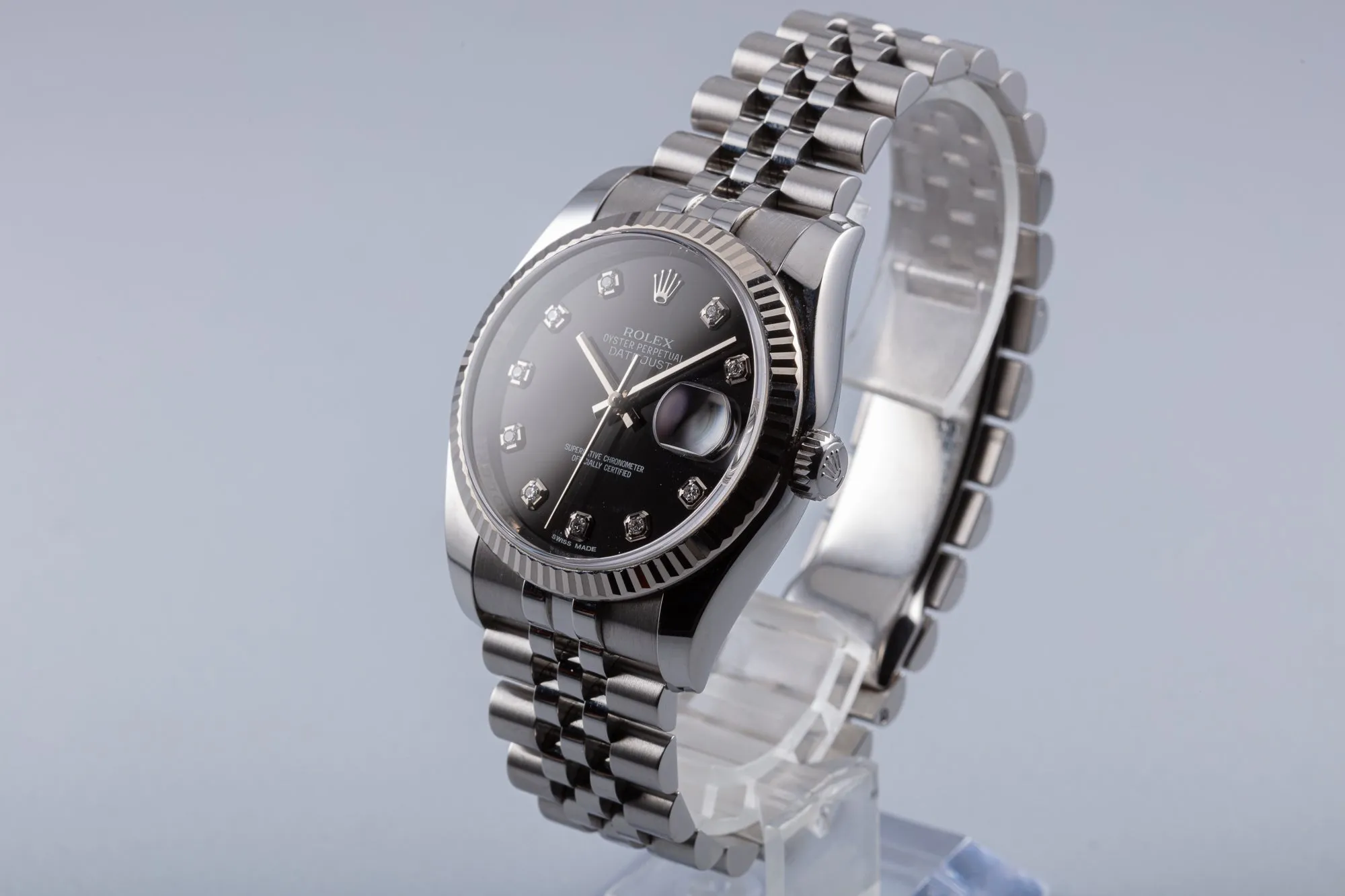 2012 Rolex DateJust 116234 with Black Dial Diamond Markers with Super Jubilee Bracelet, Box & Card