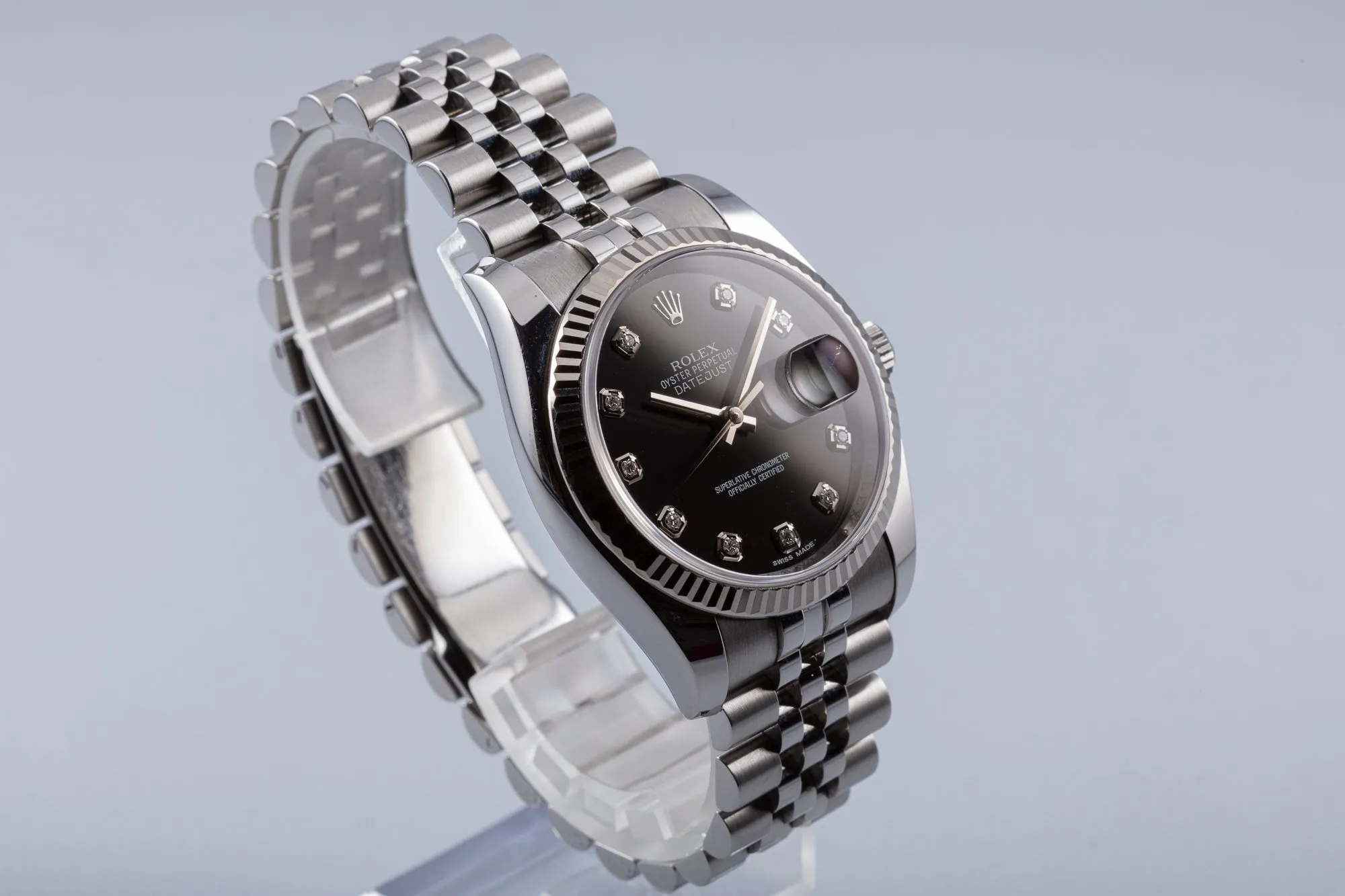 2012 Rolex DateJust 116234 with Black Dial Diamond Markers with Super Jubilee Bracelet, Box & Card