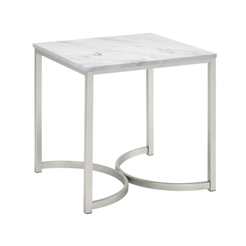 24 Inch End Table, Faux Marble Rectangular Top, Cantilever Steel Base  By Casagear Home