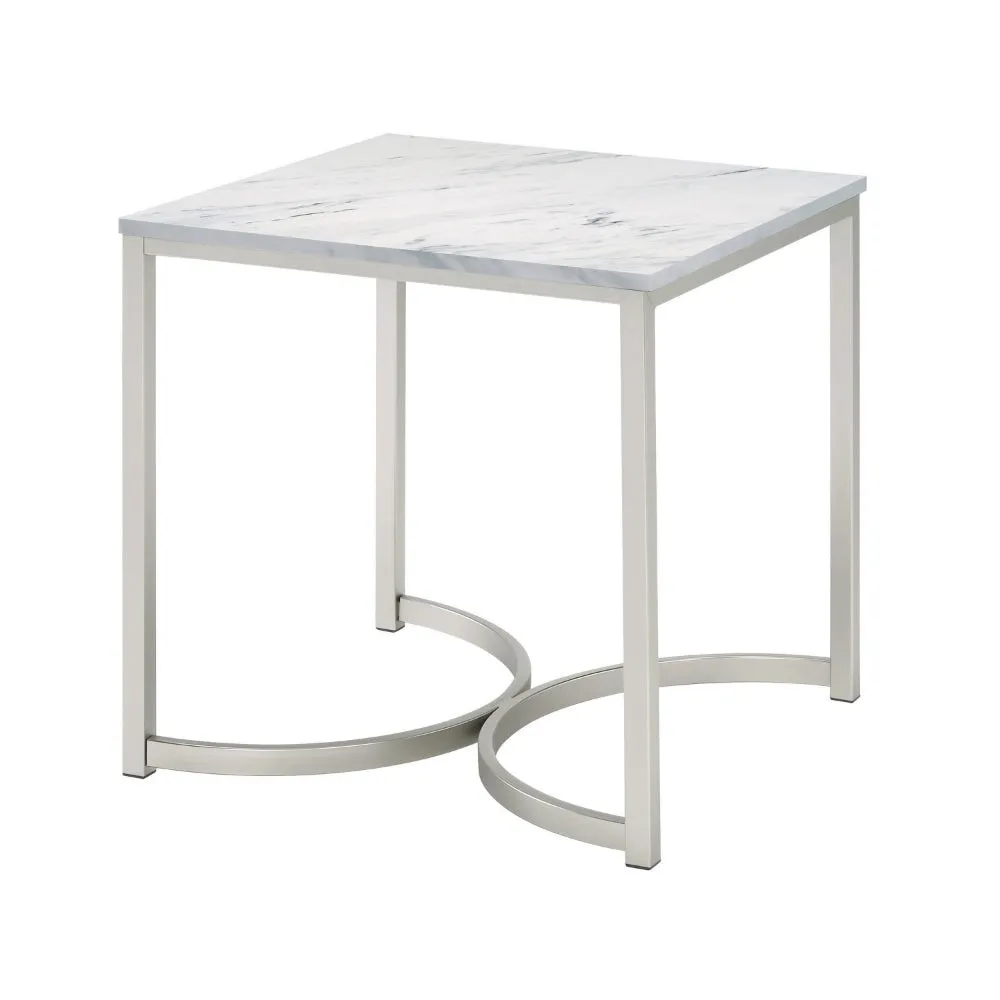 24 Inch End Table, Faux Marble Rectangular Top, Cantilever Steel Base  By Casagear Home