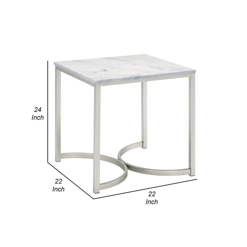 24 Inch End Table, Faux Marble Rectangular Top, Cantilever Steel Base  By Casagear Home