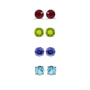 24k White Gold Plated 1/2Ct Created Ruby, Peridot, Tanzanite and Blue Topaz 4 Pair Round Stud Earrings