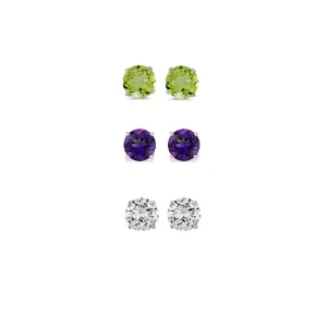 24k White Gold Plated 4Ct Created Peridot, Amethyst and White Sapphire 3 Pair Round Stud Earrings