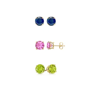 24k Yellow Gold Plated 1/2Ct Created Blue Sapphire, Pink Sapphire and Peridot 3 Pair Round Stud Earrings