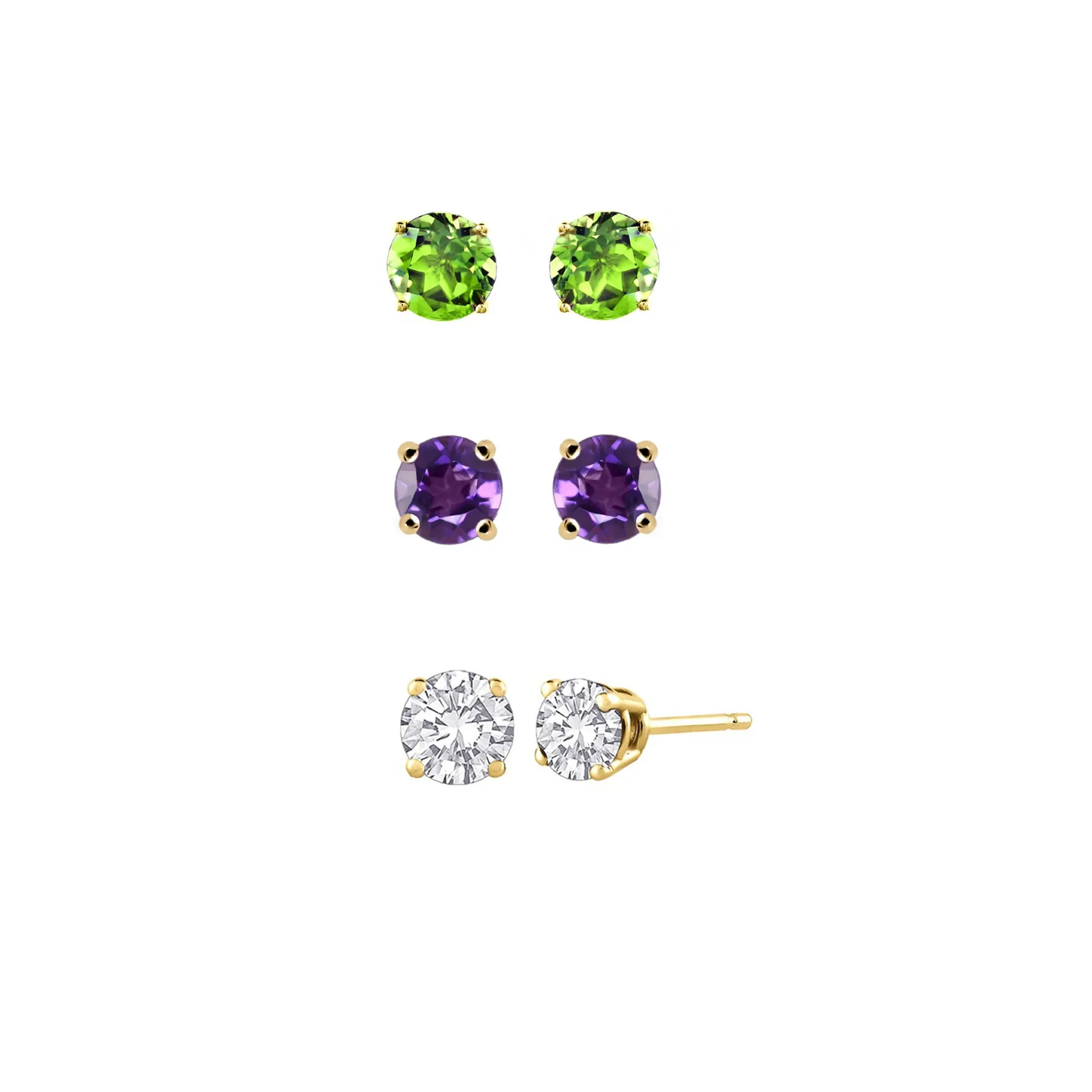 24k Yellow Gold Plated 4Ct Created Peridot, Amethyst and White Sapphire 3 Pair Round Stud Earrings