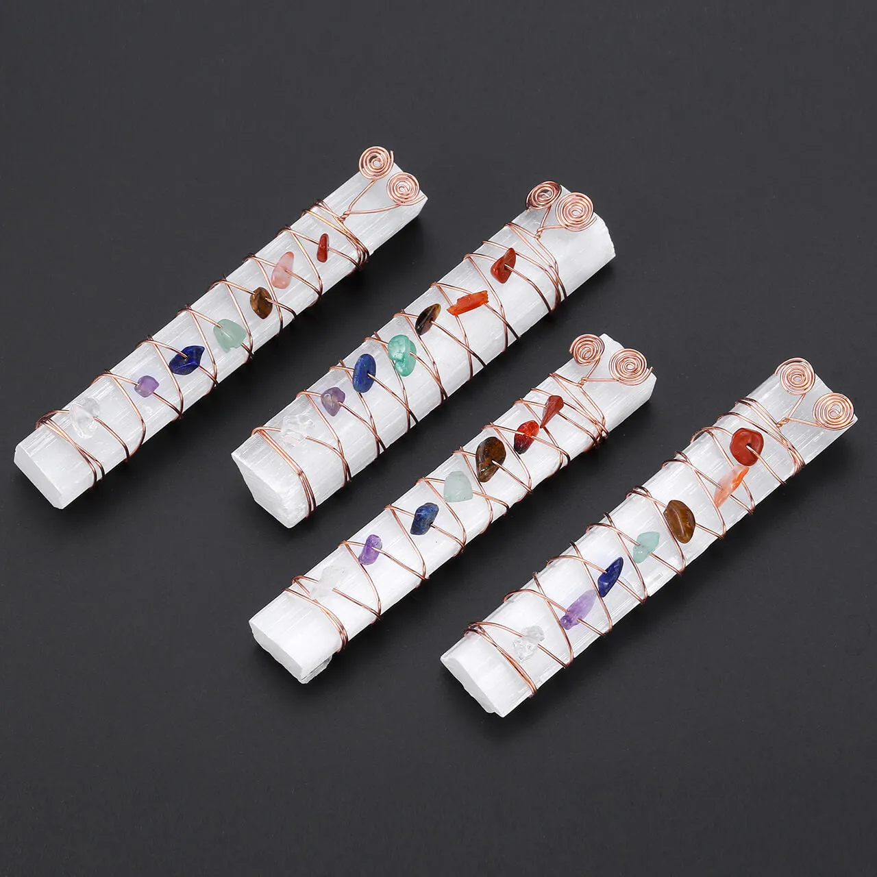 7 Chakra Reiki Crystal Wraped Raw Selenite Stick | Jovivi