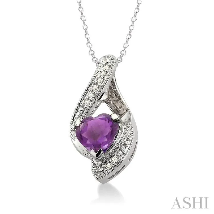 7x7MM Heart Shape Amethyst and 1/20 Ctw Single Cut Diamond Pendant in Sterling Silver with Chain