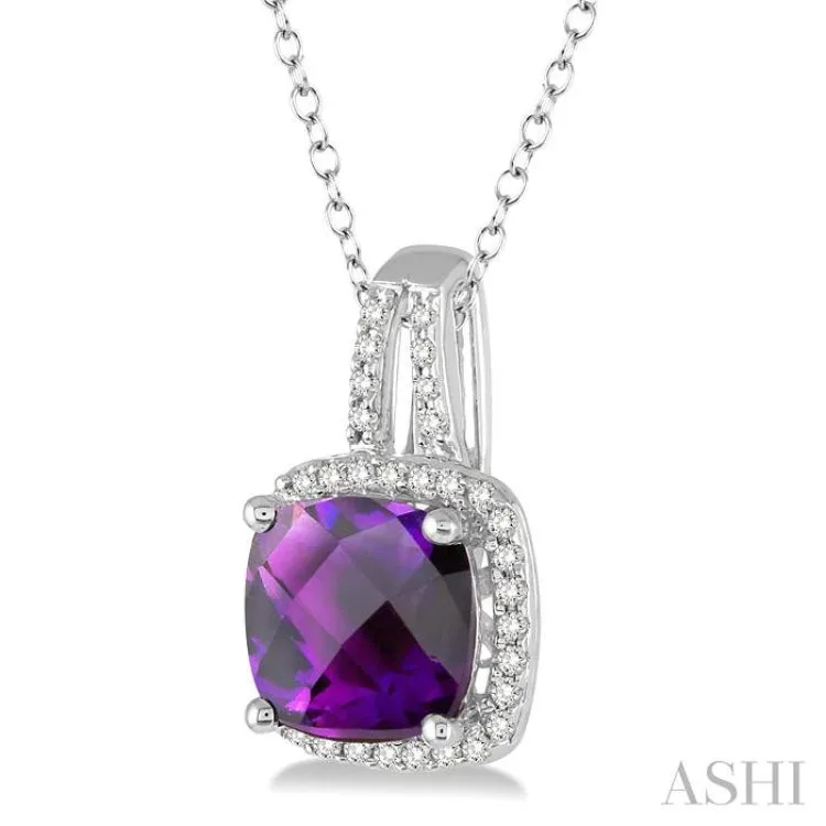 8x8 MM Cushion Cut Amethyst and 1/5 Ctw Round Cut Diamond Pendant in 10K White Gold with Chain